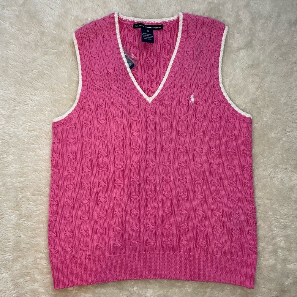 Ralph Lauren bright pink knit vest with white trim